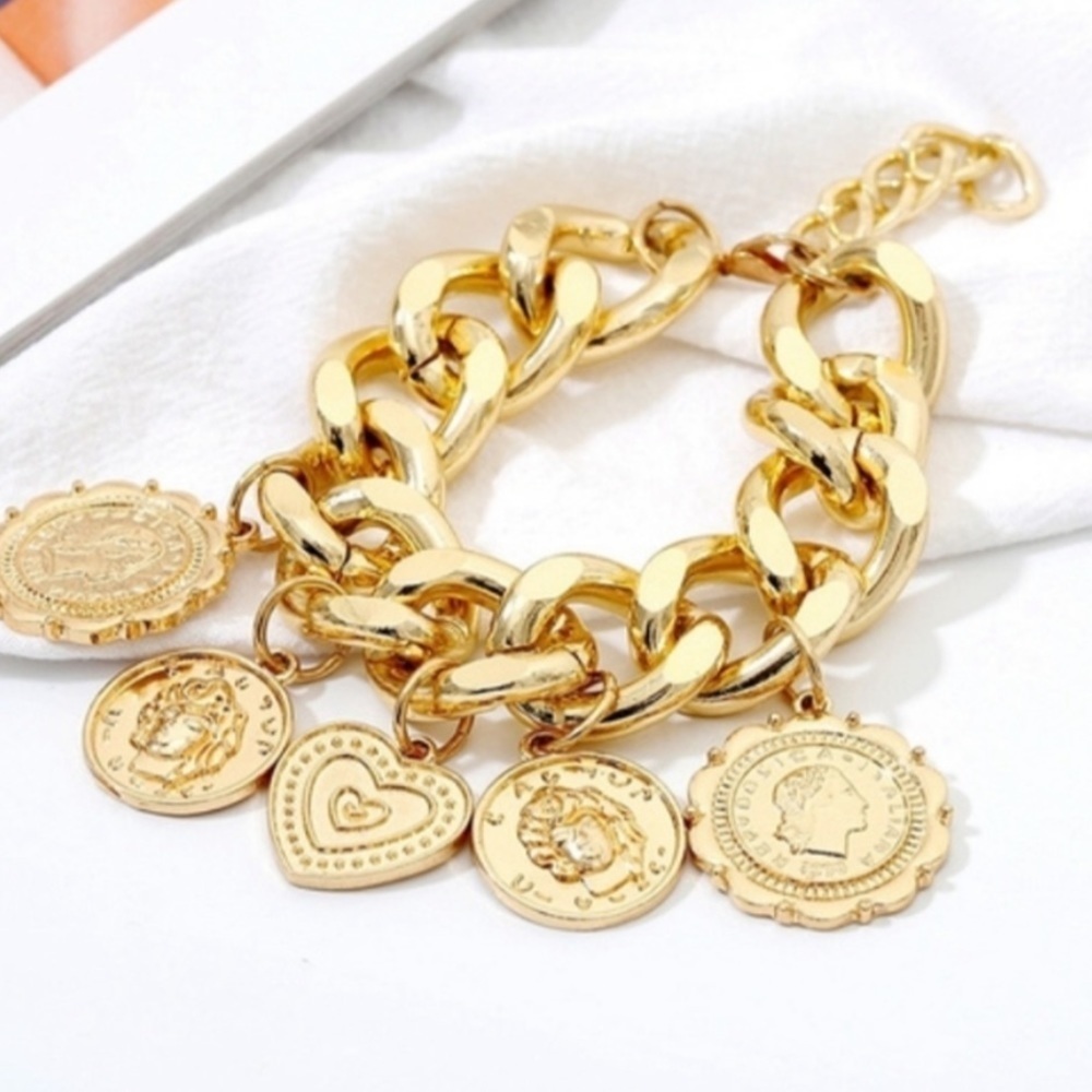 Chunky charm 18k gold pendant pennant chain bracelet portrait carv coin titanium - Picture 5 of 12